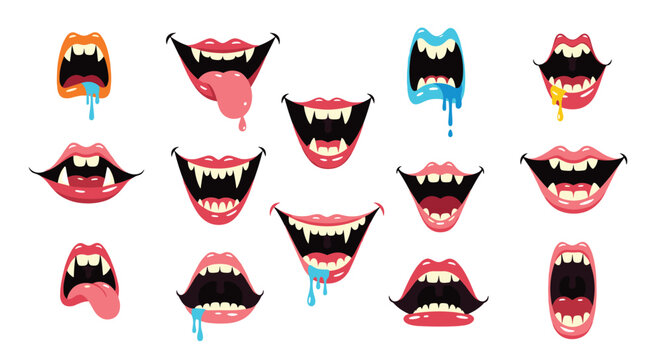 Cartoon vampire mouths with sharp fangs and colorful tongues showing various expressions like smiling, laughing, and drooling in a set.