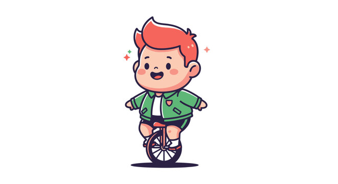 Happy Cartoon Boy Successfully Riding a Unicycle Joyfully.