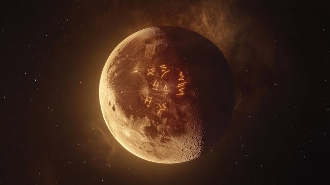 Glowing runes etched on a celestial body.