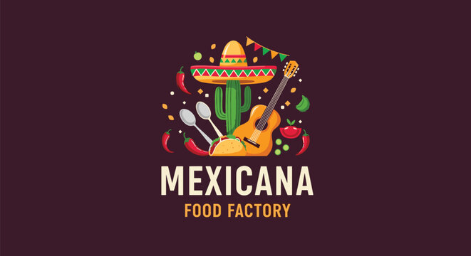 Mexicana food factory logo featuring a sombrero, guitar, cactus, taco, and red chili peppers on a dark background for restaurant branding.