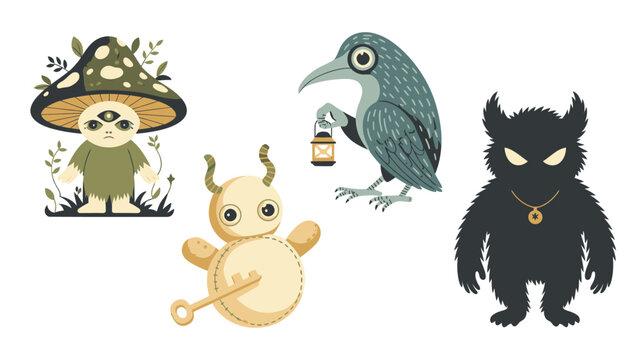 Collection of mystical fantasy creatures including a mushroom spirit, crow, and a furry monster