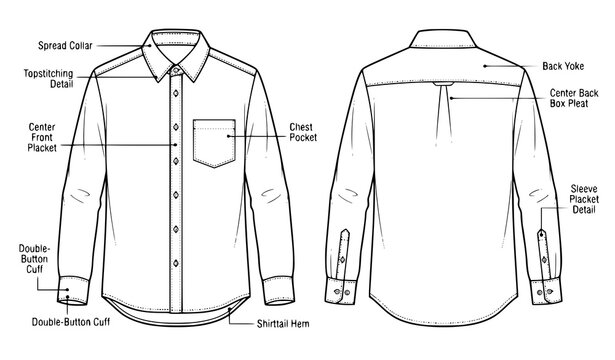 Men formal dress shirt flat sketch vector with technical apparel details