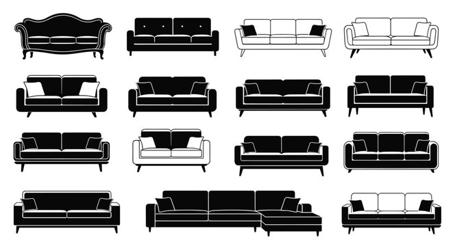 Comprehensive set of various sofa and couch silhouettes in different modern and classic styles for interior design furniture catalogs and floor plans.