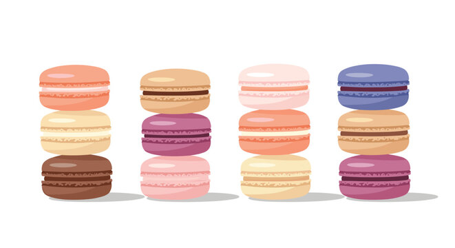 Delicious assortment of colorful french macarons stacked in columns featuring various flavors like chocolate berry vanilla and pistachio on a white background.