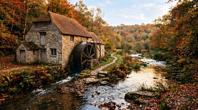 Old Stone Watermill next to a River in Autumn Woodland