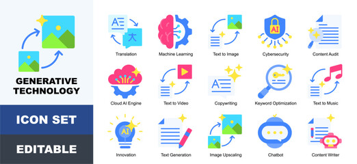 Fototapeta premium Generative Technology Icon Pack Featuring Translation, Machine Learning, Text to Image, Content Audit, Cloud AI Engine, Text to Video, Copywriting and Keyword Optimization