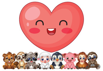 Fototapeta premium Cute Cartoon Animals Sitting Under Large Smiling Heart Character