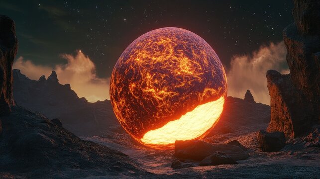 Molten core sphere rests on dark alien landscape