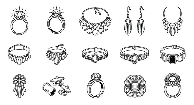 Elegant collection of detailed jewelry icons including rings necklaces earrings and bracelets in black outline style for fashion and luxury retail stores.