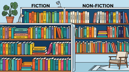 Fiction and Non-Fiction Bookshelves Displaying Literary Genres. © Rubendi