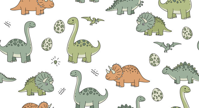 Whimsical seamless pattern background with adorable illustrated dinosaurs of different species and spotted eggs for children nursery decor and fabrics.