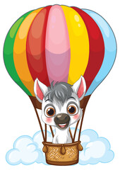 Fototapeta premium Cute Cartoon Zebra Flying in a Colorful Hot Air Balloon