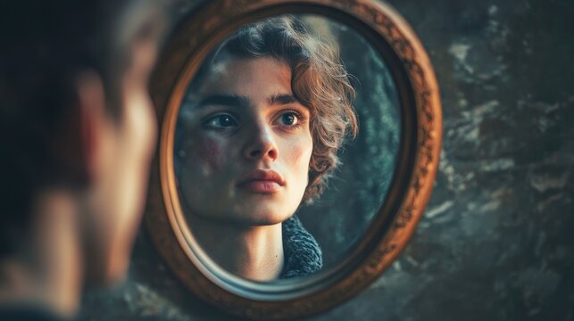 Youthful reflection, pensive gaze, ornate mirror.