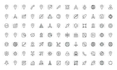 Fototapeta premium Collection of simple line icons representing location communication and technology elements on a white background