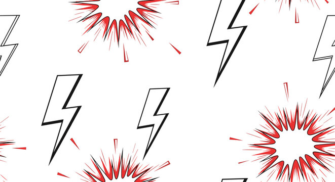 Seamless comic book style pattern featuring lightning bolts and explosion bubbles on a clean white background.