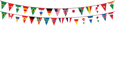 Obraz premium International flags strung together in a festive garland against a clean white background celebrating global unity