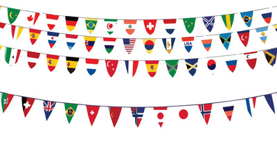 Obraz premium International flags strung together in festive bunting against a clean white background symbolizing global unity and celebration