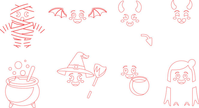 Collection of red outline Halloween characters and elements for festive designs