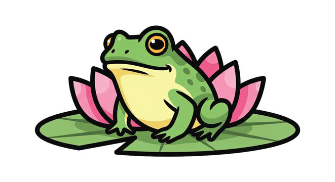 Green Frog Sitting on Lily Pad.