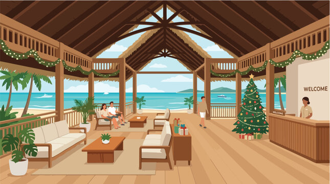 Tropical luxury resort lobby interior with Christmas tree and ocean view during beach holiday vacation with people relaxing in wooden open air pavilion