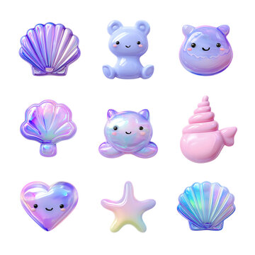 Set of cute iridescent kawaii charms, including seashells, a teddy bear, a heart, a starfish, and catlike creatures isolated on transparent background isolated on transparent background