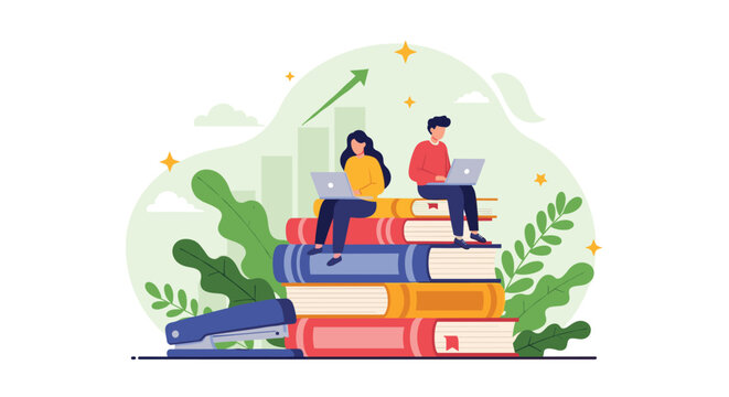 Students sitting on a giant stack of books and working on laptops for educational purposes and successful academic growth.