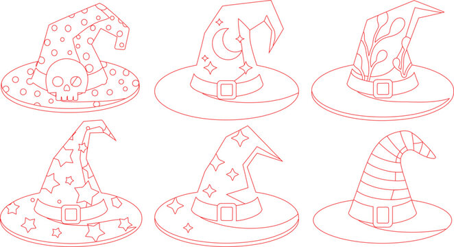 Collection of red outline witch hats with various magical patterns for Halloween celebration