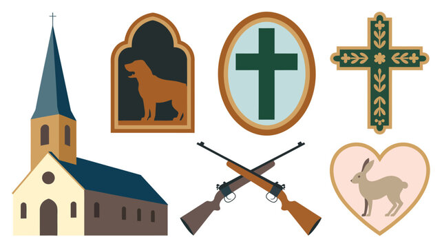 Collection of religious symbols including a church, crosses, and hunting related icons