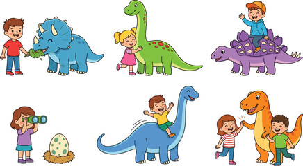 Cute kids and dinosaurs vector collection set featuring happy cartoon children playing riding hugging and feeding friendly prehistoric reptiles isolated on white background © MDFahim