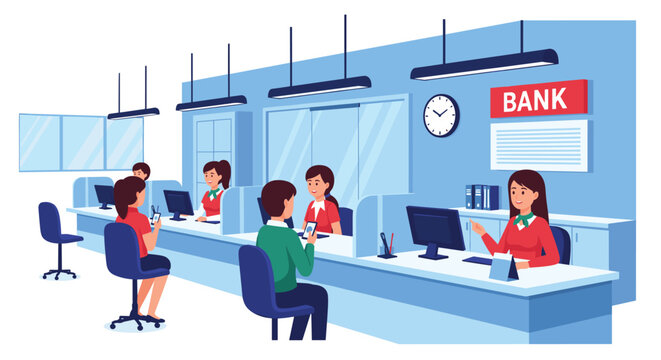 Customers receive financial assistance from bank tellers at various counters inside a modern, well-lit bank branch.