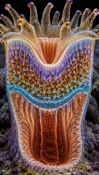 Coral polyp cross section revealing vibrant tissue layers, gastrovascular canal, mesoglea, and epidermis zones with vivid false color detail