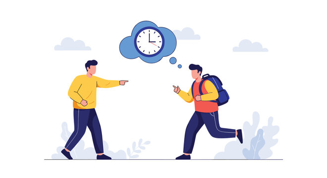 Person in a yellow shirt points accusingly at another person who is running late, shown with a clock in a thought bubble.
