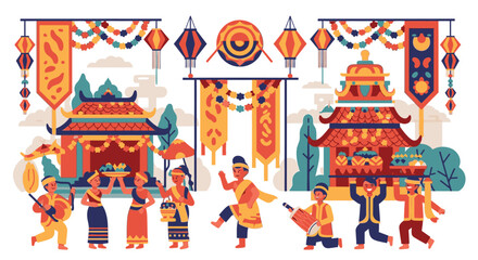 Fototapeta premium Vibrant festival celebration with people dancing around decorative temples