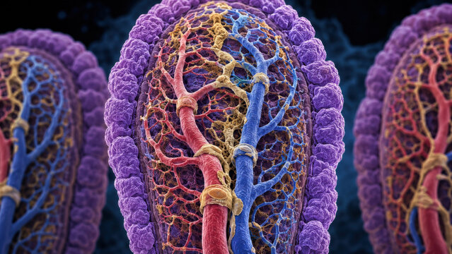Detailed anatomical cross section of intestinal villus showing vascular branching, arteriole, venule, pericyte coverage, and vivid false color biomedical microscopy