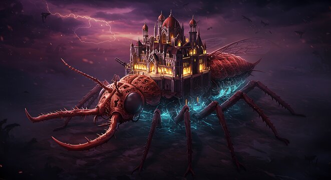 Ilustra&ccedil;&atilde;o de criatura inseto fant&aacute;stica carregando castelo medieval