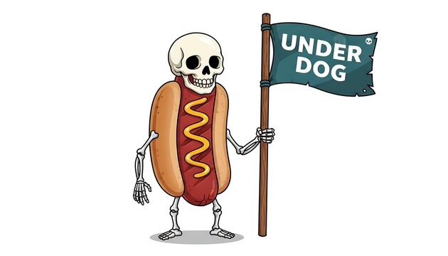 Funny cartoon hot dog skeleton holding an underdog flag on white background