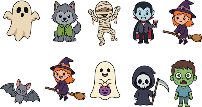 Cute Halloween monsters vector collection set featuring spooky cartoon ghost witch vampire werewolf mummy zombie grim reaper and bat characters isolated on white background