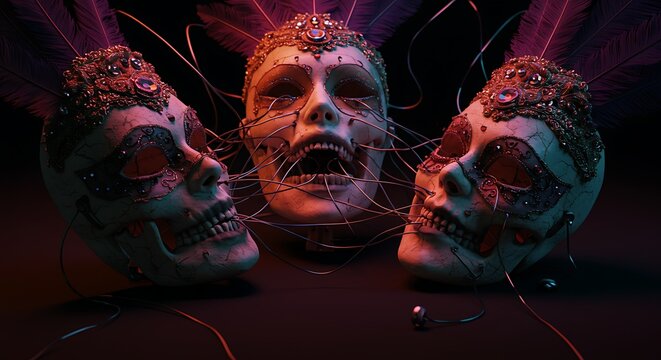 Arte digital com tr&ecirc;s cr&acirc;nios humanos estilizados em fundo escuro com design surreal.