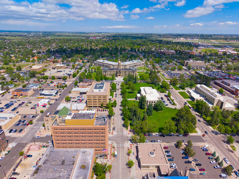 Cheyenne historic city center aerial view on Capital Avenue, with State Capitol at the center, downtown Cheyenne, Wyoming WY, USA. 
