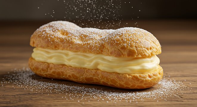 Pastel recheado com creme e polvilhado com a&ccedil;&uacute;car de confeiteiro sobre uma superf&iacute;cie de madeira (foto em close-up)