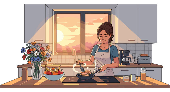 Woman cooking meal in home kitchen at sunset with interior preparation lifestyle countertop residential housewife culinary homemaker