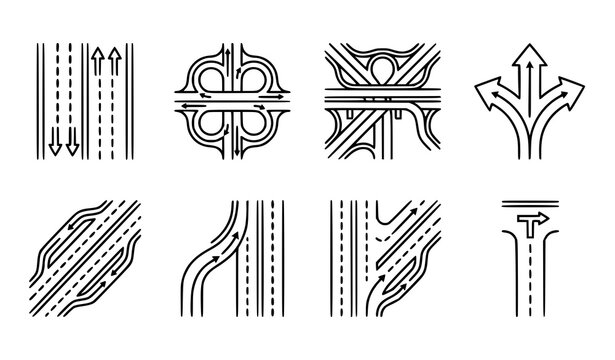 Highway interchange linear icon collection featuring complex overpass road forks and multi lane infrastructure line art