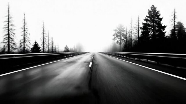 Driving down a desolate highway in black and white toward the fog with trees on either side in a tranquil outdoor scene