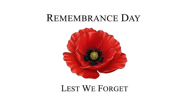 Remembrance day poster with red poppy flower and lest we forget text, memorial