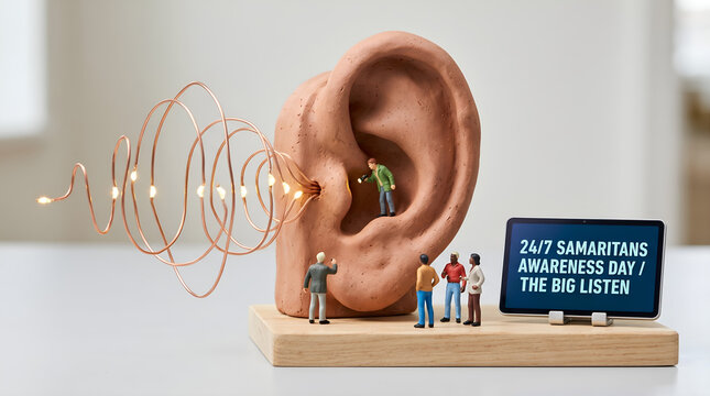 Miniature People Engaging with Giant Ear Model, Sound Waves, and Screen Displaying '24/7 SAMARITANS AWARENESS DAY / THE BIG LISTEN'