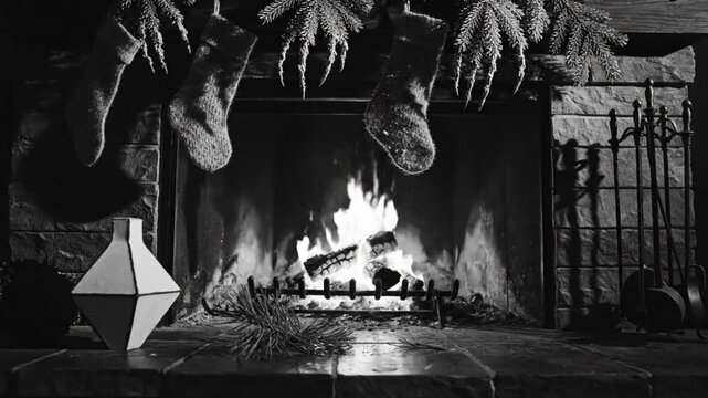 Cozy Black and White Fireplace Scene with Burning Logs, Holiday Stockings, and Christmas Decorations.