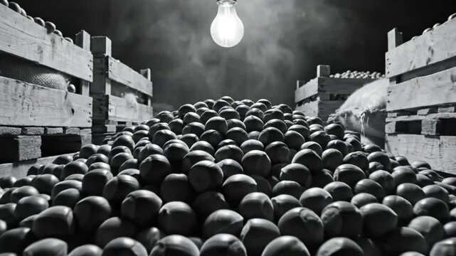 Black and white monochrome view of a cellar storage with produce boxes illuminated by a single hanging light bulb