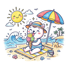 Naklejka premium Cute polar bear cub playing with ice cream on the beach