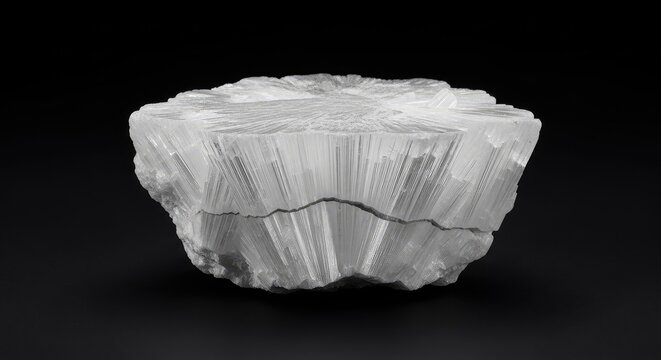 A natural white ulexite mineral specimen sits on a solid black background, highlighting its fibrous texture and unique optical properties, borate, mineral, white