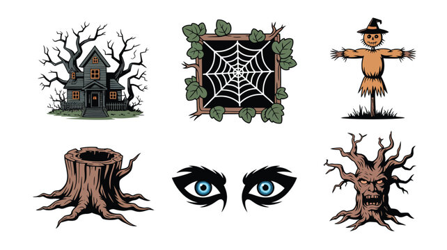 Collection of spooky Halloween illustrations including a haunted house and creepy tree